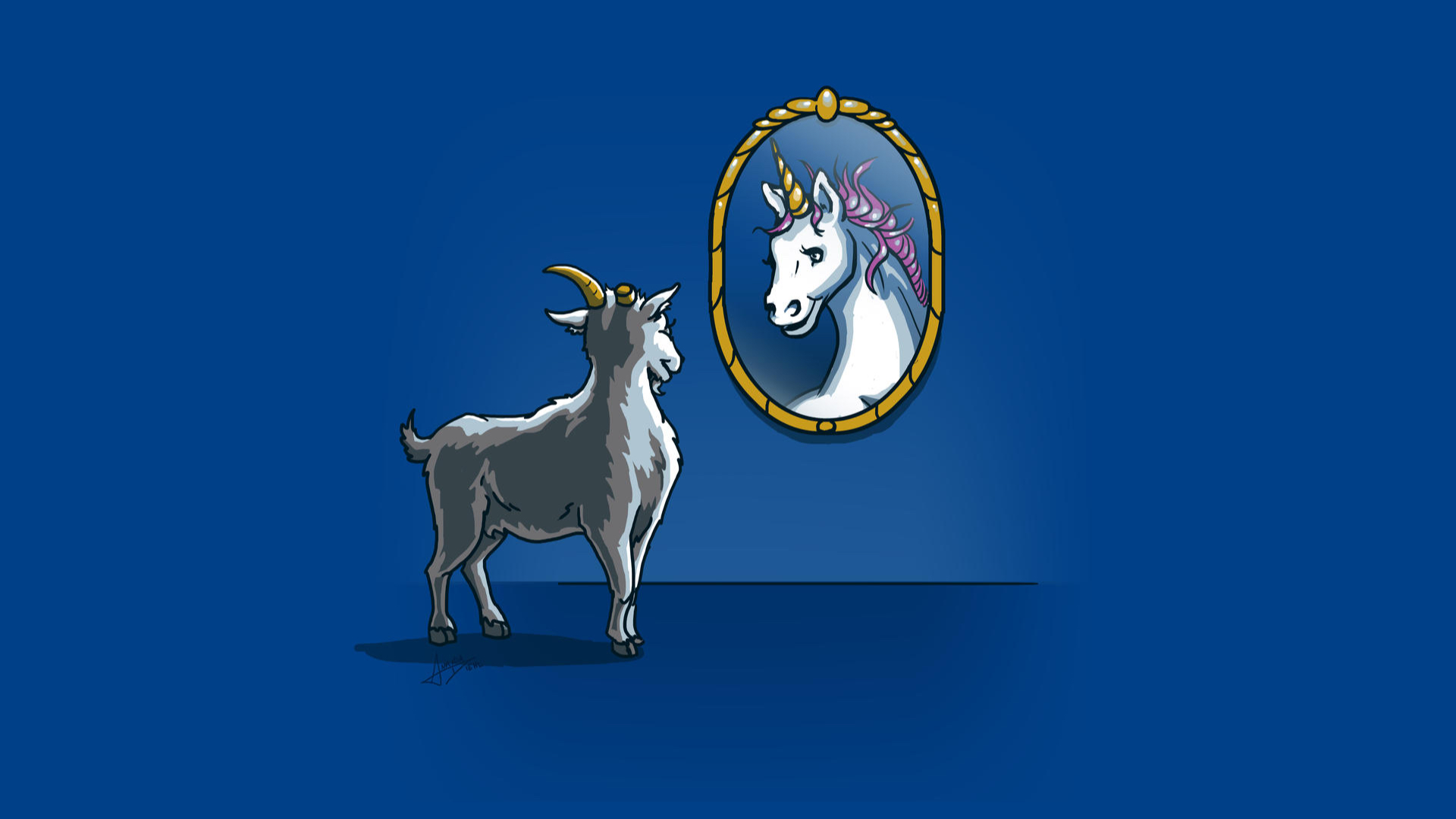 Image of Goat Looking in a Mirror but seeing a Unicorn