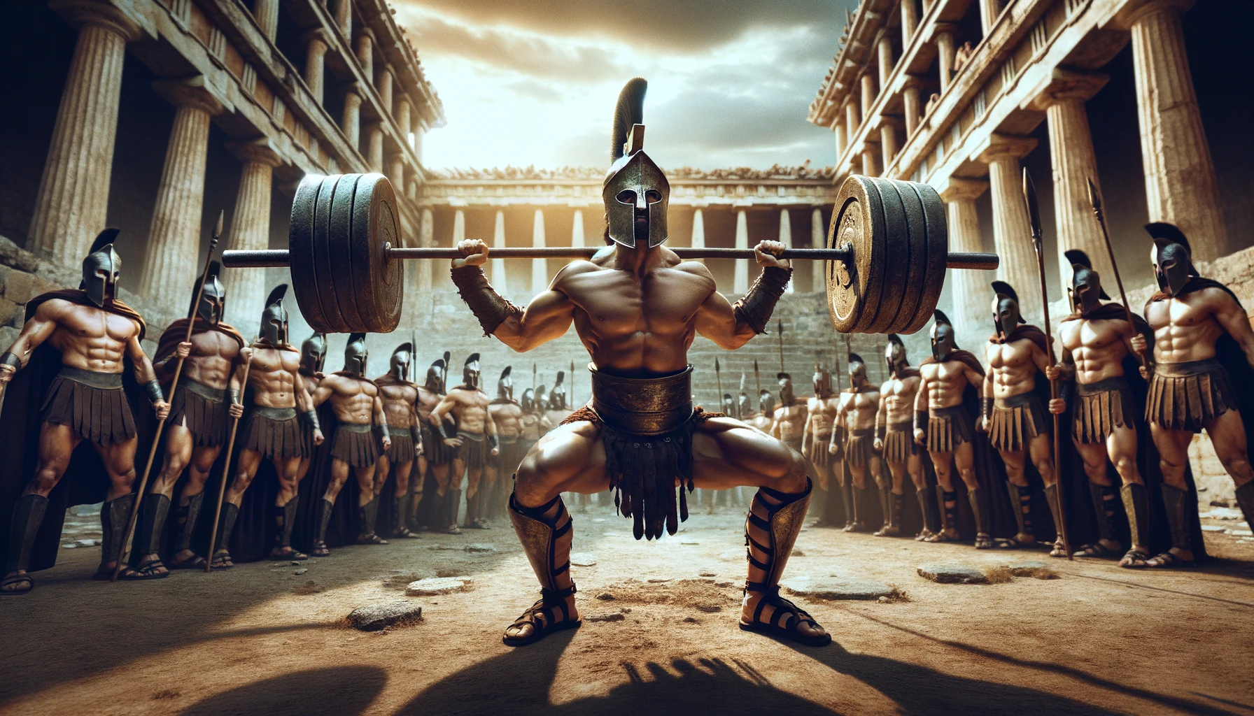 image-of-a-Spartan-warrior-squatting-heavy-weights-in-an-ancient-Spartan-village