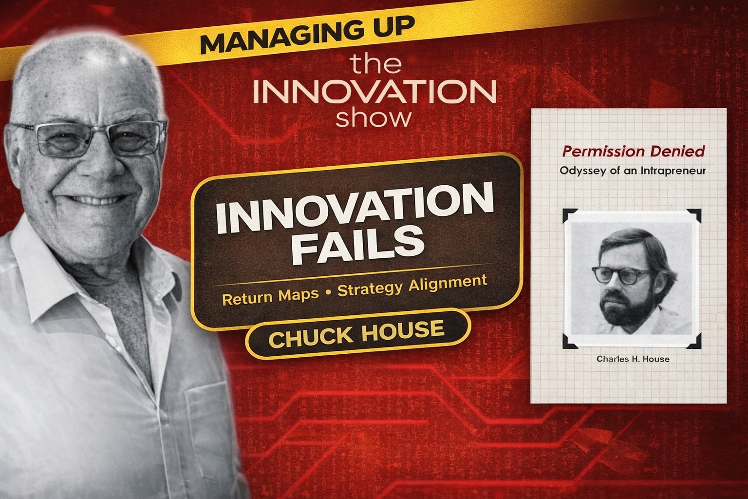 Podcast cover for The Innovation Show—Chuck House, ‘Innovation Fails’ (Return Maps, Strategy Alignment) and ‘Permission Denied’ book cover.