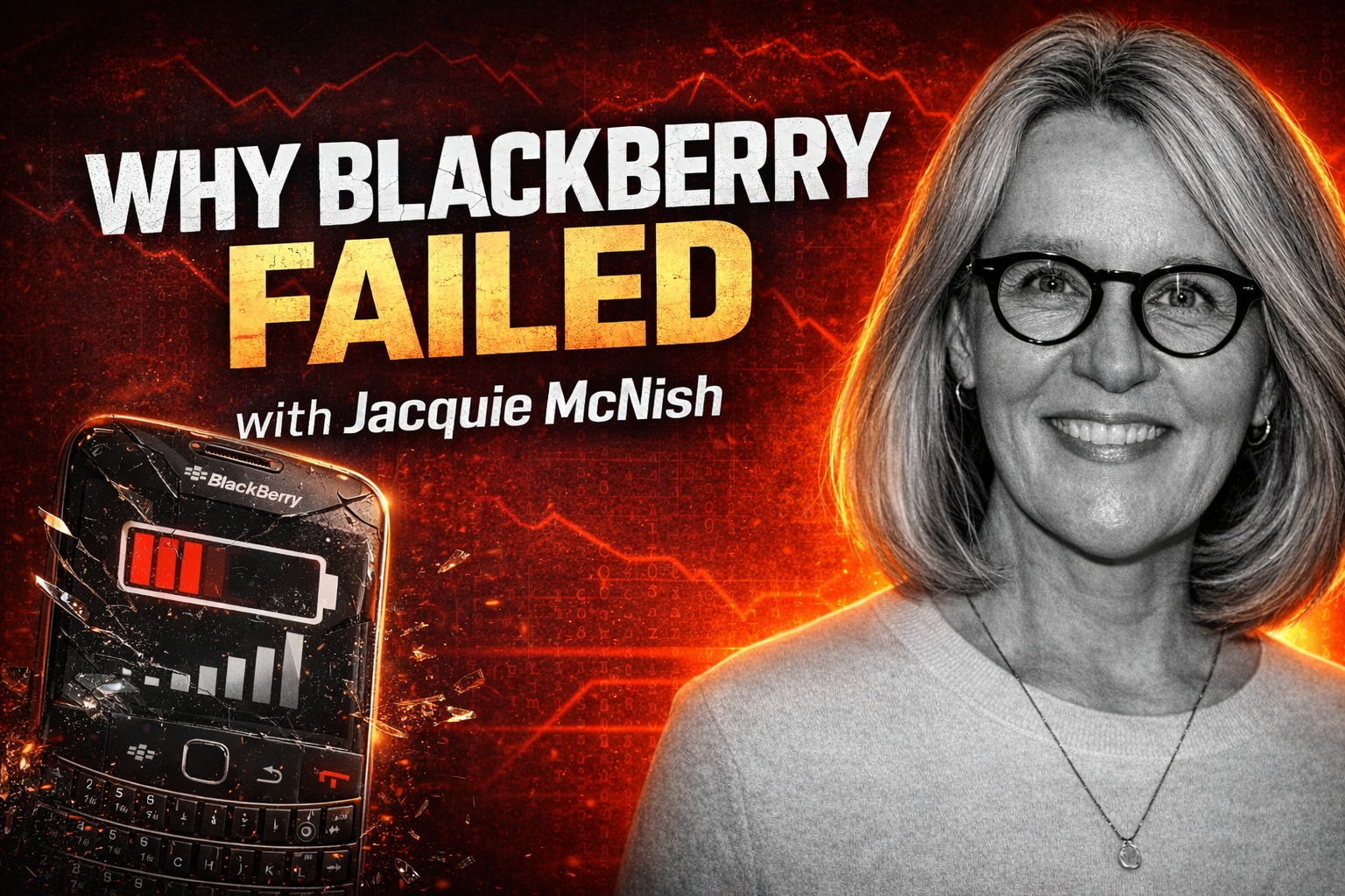 YouTube thumbnail featuring Jacquie McNish smiling on the right against a red digital background, with bold text reading “WHY BLACKBERRY FAILED” on the left and a cracked BlackBerry phone showing a low battery and falling signal bars, symbolising the company’s decline.
