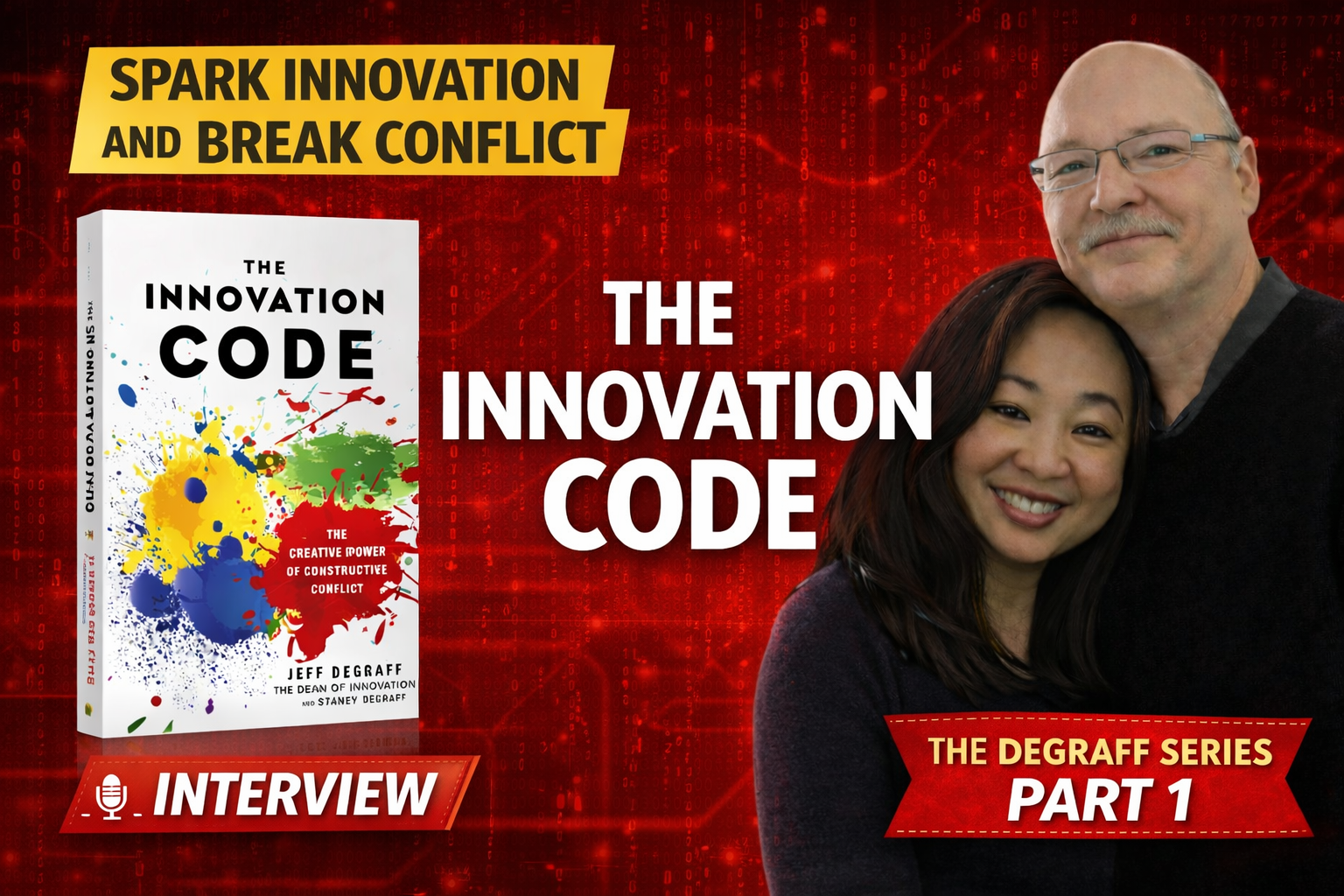 The Innovation Code podcast episode featuring Jeff and Staney DeGraff with book cover and headline “Spark Innovation and Break Conflict” on The Innovation Show