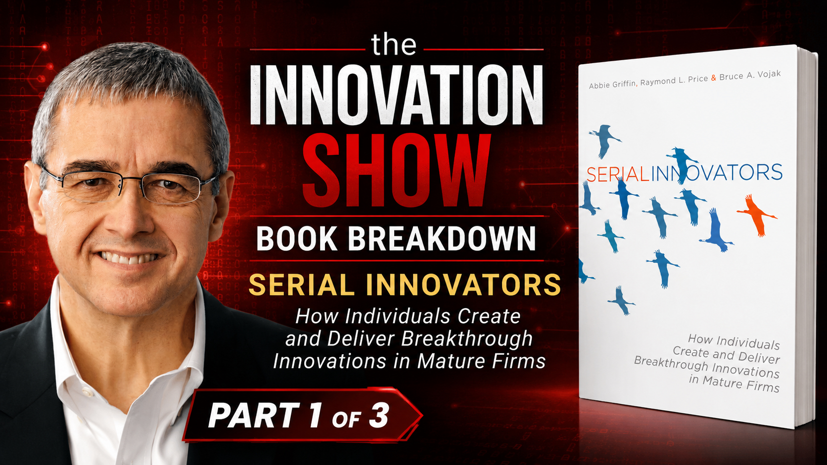 Headshot of Bruce Vojak alongside the Serial Innovators book cover by Abbie Griffin, Raymond L. Price and Bruce A. Vojak — promotional banner for The Innovation Show book breakdown, Part 1 of 3, hosted by Aidan McCullen.