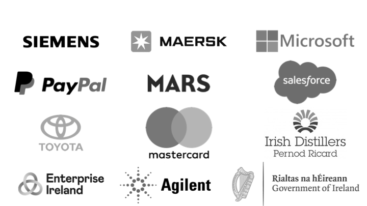 A selection of organisations Aidan McCullen has spoken for, including Google, Maersk, Microsoft, PayPal, Mars, Salesforce, Toyota, Mastercard, Irish Distillers Pernod Ricard, Enterprise Ireland, Agilent and the Government of Ireland.