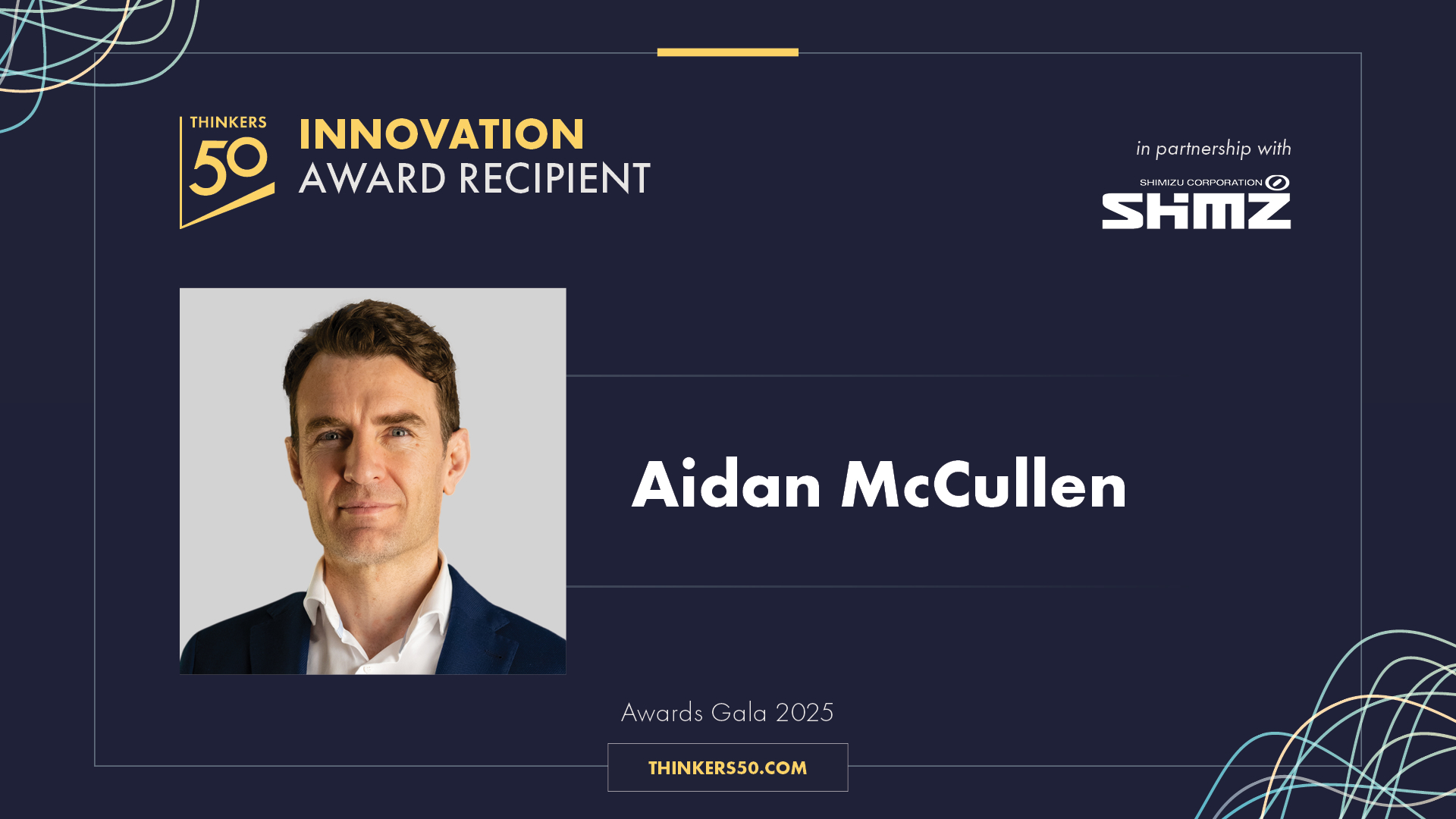 Aidan McCullen named recipient of the 2025 Thinkers50 Innovation Award, in partnership with Shimizu Corporation, at the Thinkers50 Awards Gala 2025.